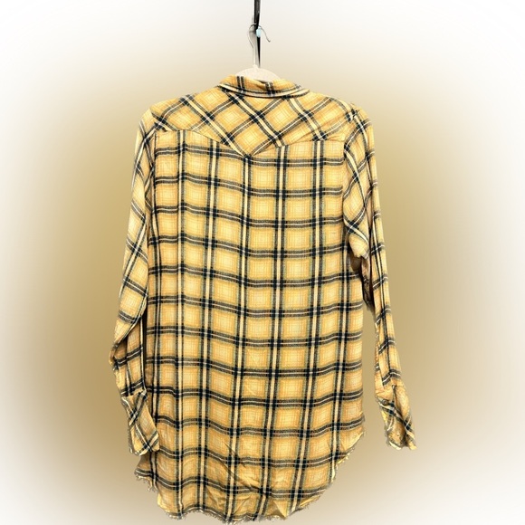 Free People Yellow Grunge Plaid Button Down Shirt Tunic raw hem👠 - Picture 2 of 11